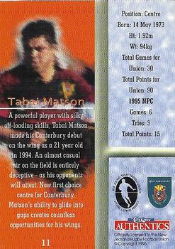 1996 Card Crazy Authentics NPC Rugby Union Superstars #11 Tabai Matson Back